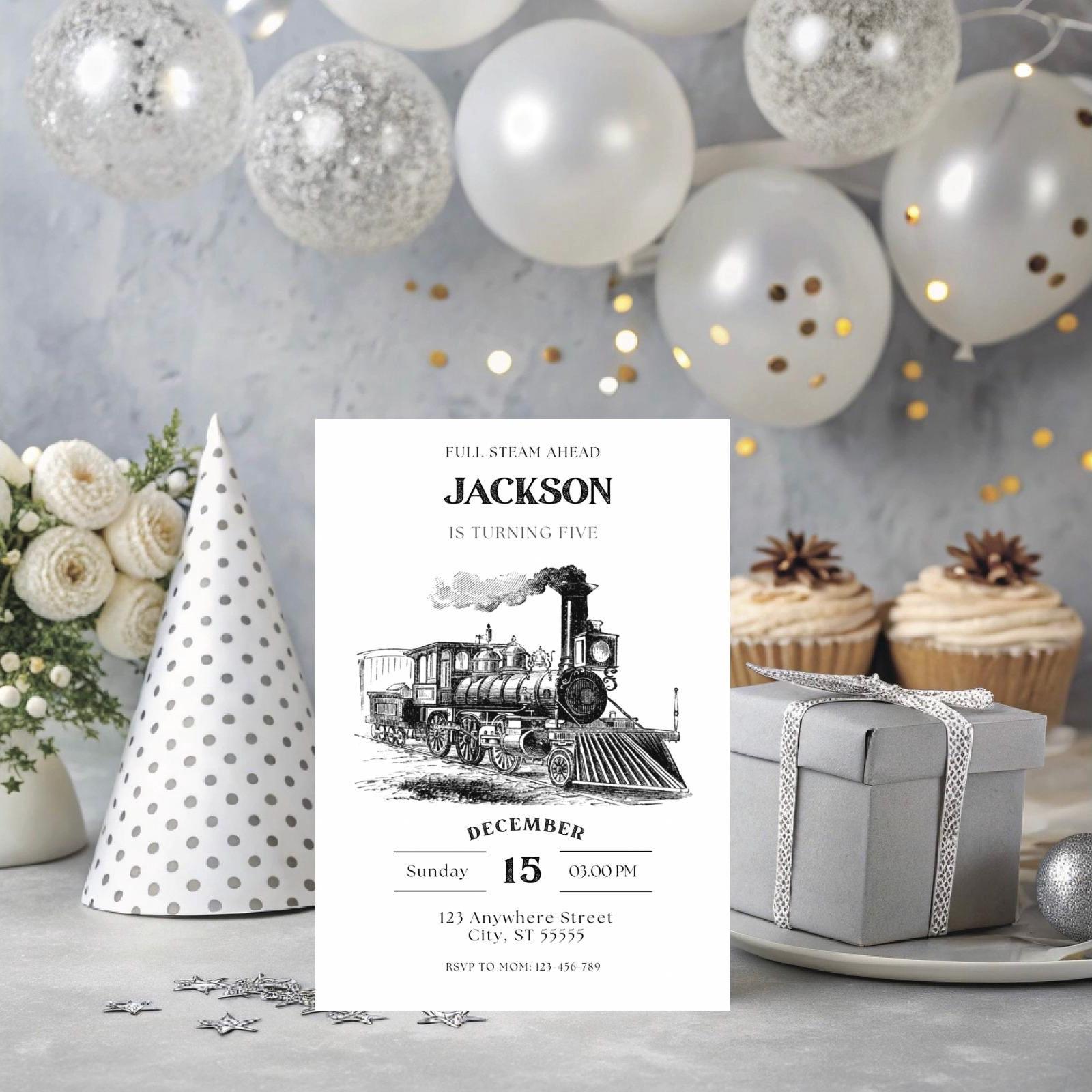 Vintage Train Birthday Invitation: Black and White Party Invite, Editable Canva Template