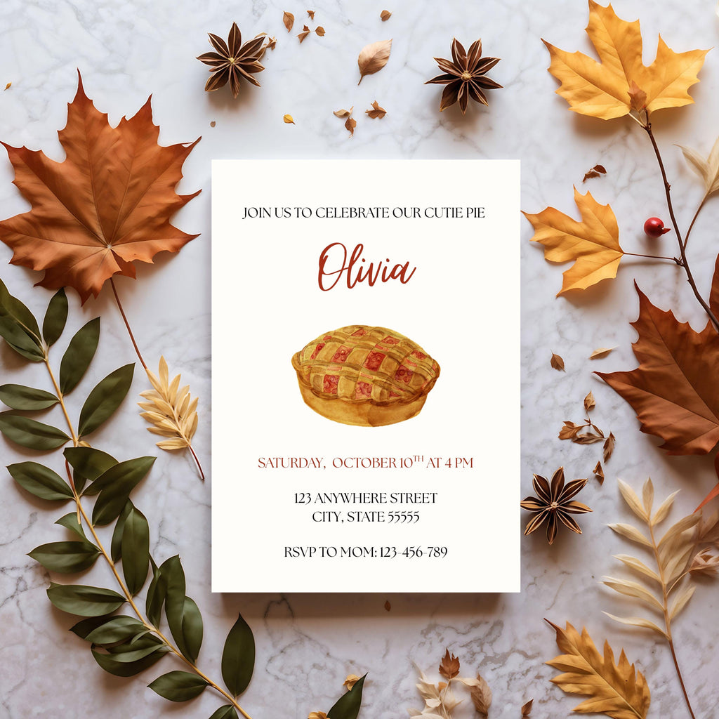 Cutie Pie Birthday Party Invitation,  Fall Themed Girl Birthday Invite, Editable Template
