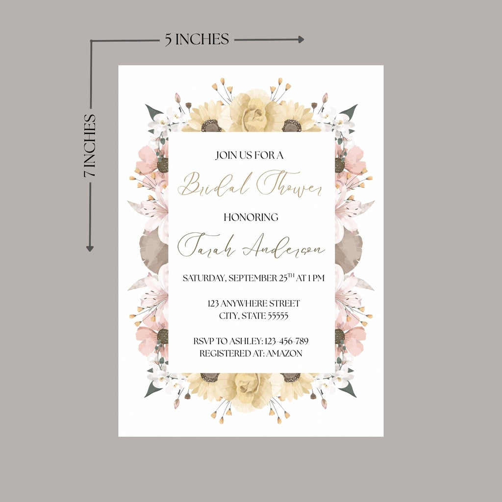 Bridal Shower Invitation with Yellow Roses, Pink Floral Party Invite, Canva Editable Template