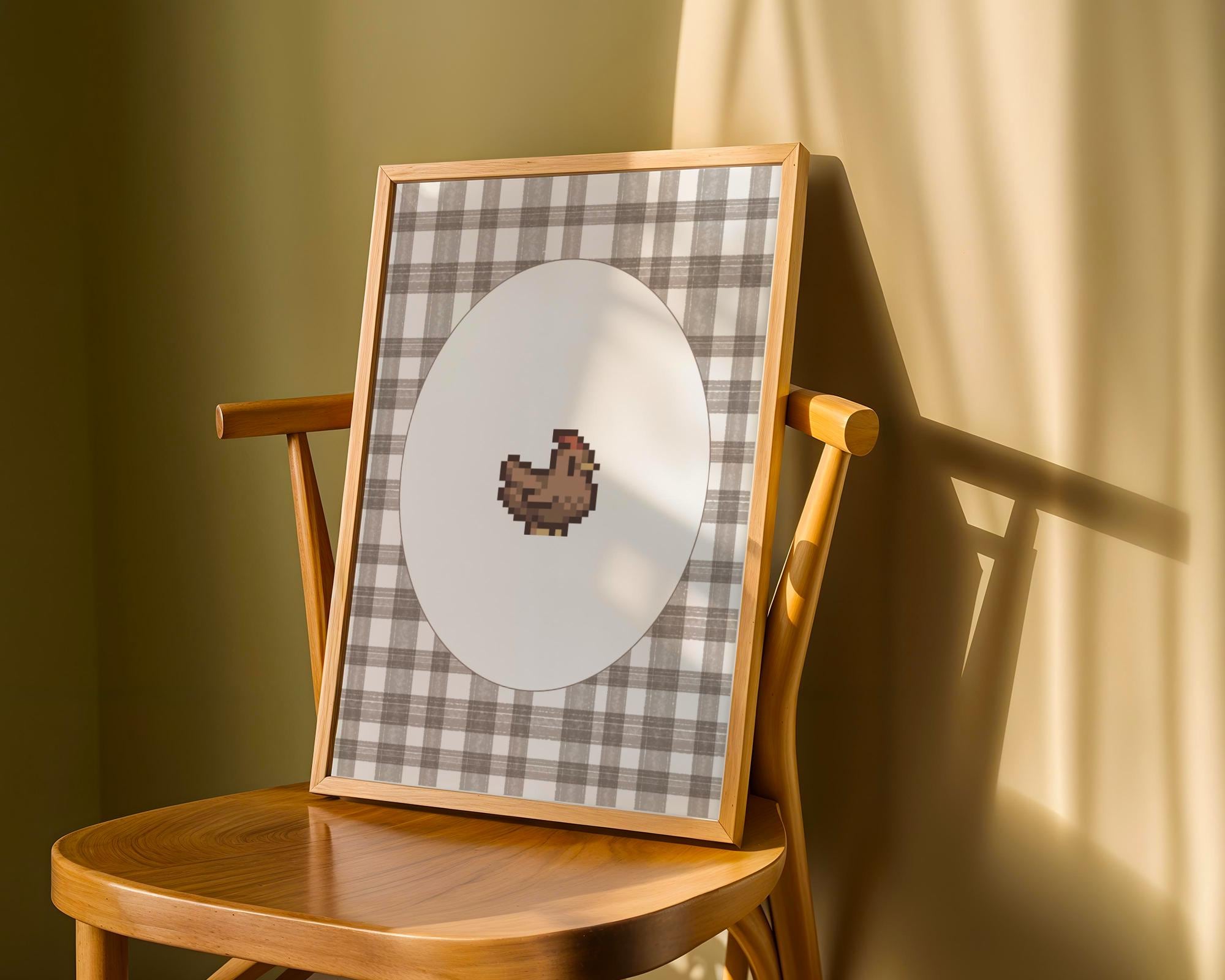 Stardew Valley Wall Art, Brown Gingham Chicken Poster Print, Digital Download