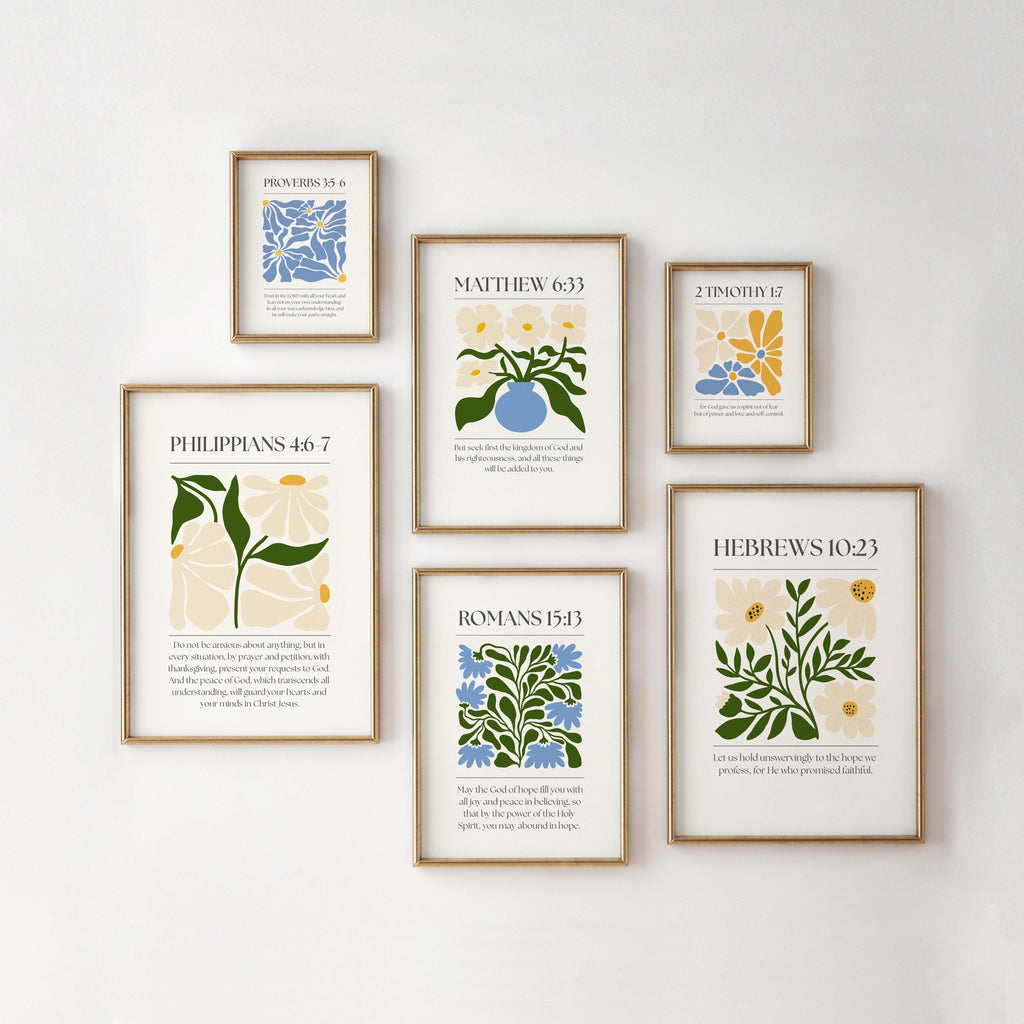Abstract Christian Wall Art Blue, Bible Verse Poster Print Bundle For Bedroom (Digital Download)