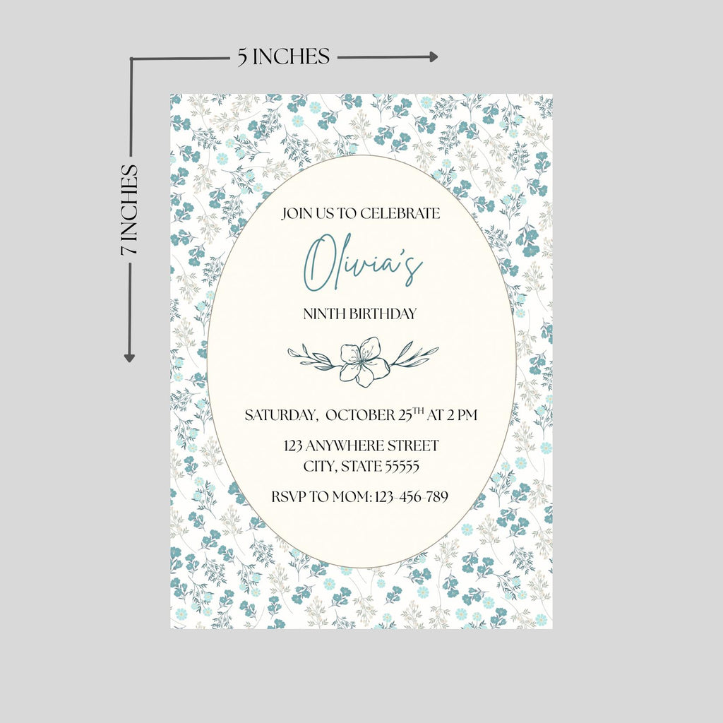 Blue Floral Girl Birthday Invitation, Kids Flower Party Invite, Editable Template