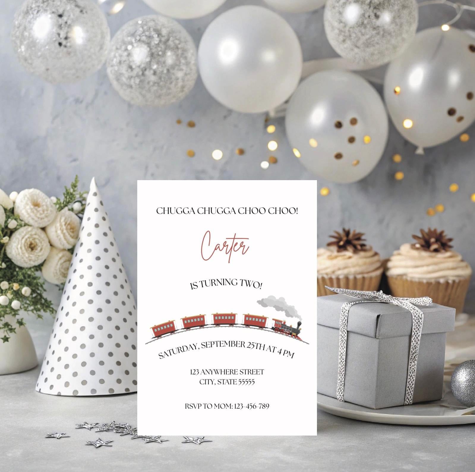 Choo Choo Train Second Birthday Invitation, Steam Engine Party Invite, Editable Template