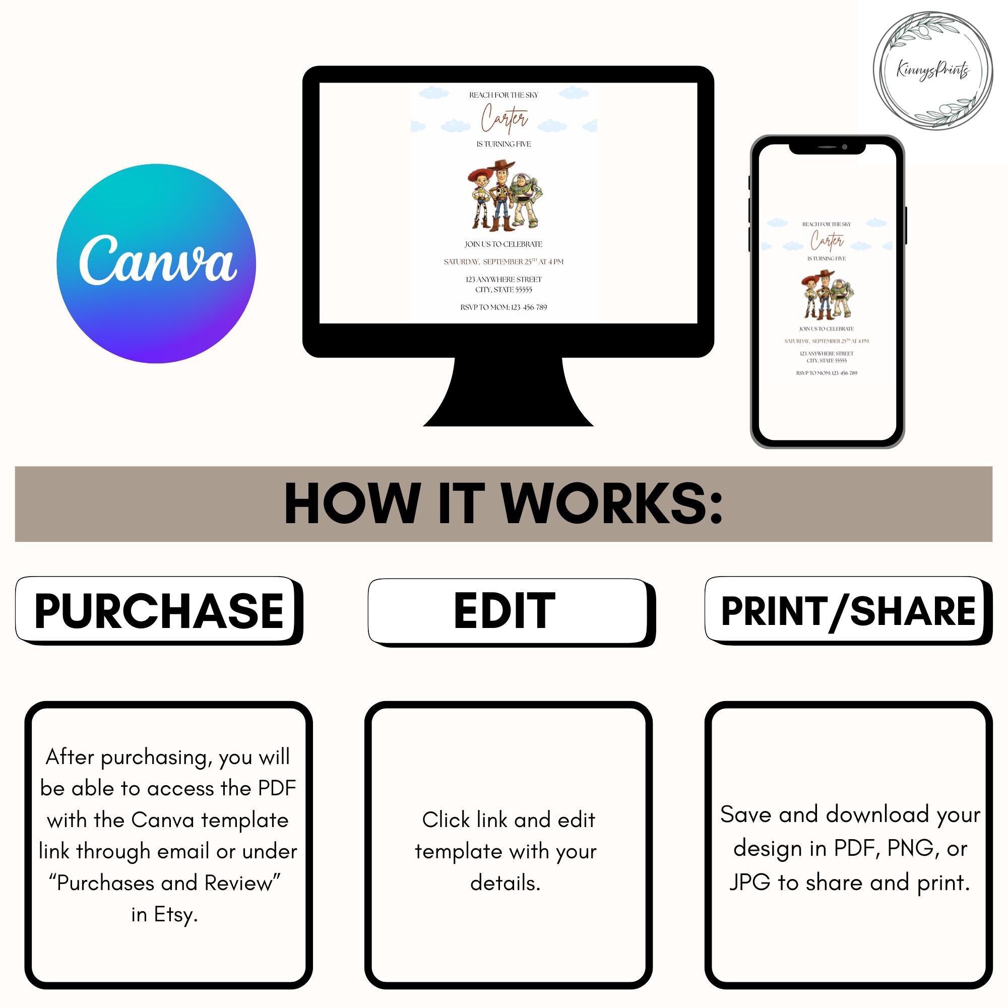 Reach for the Sky Birthday Invitation, Toy Story Birthday Party Invite, Editable Template