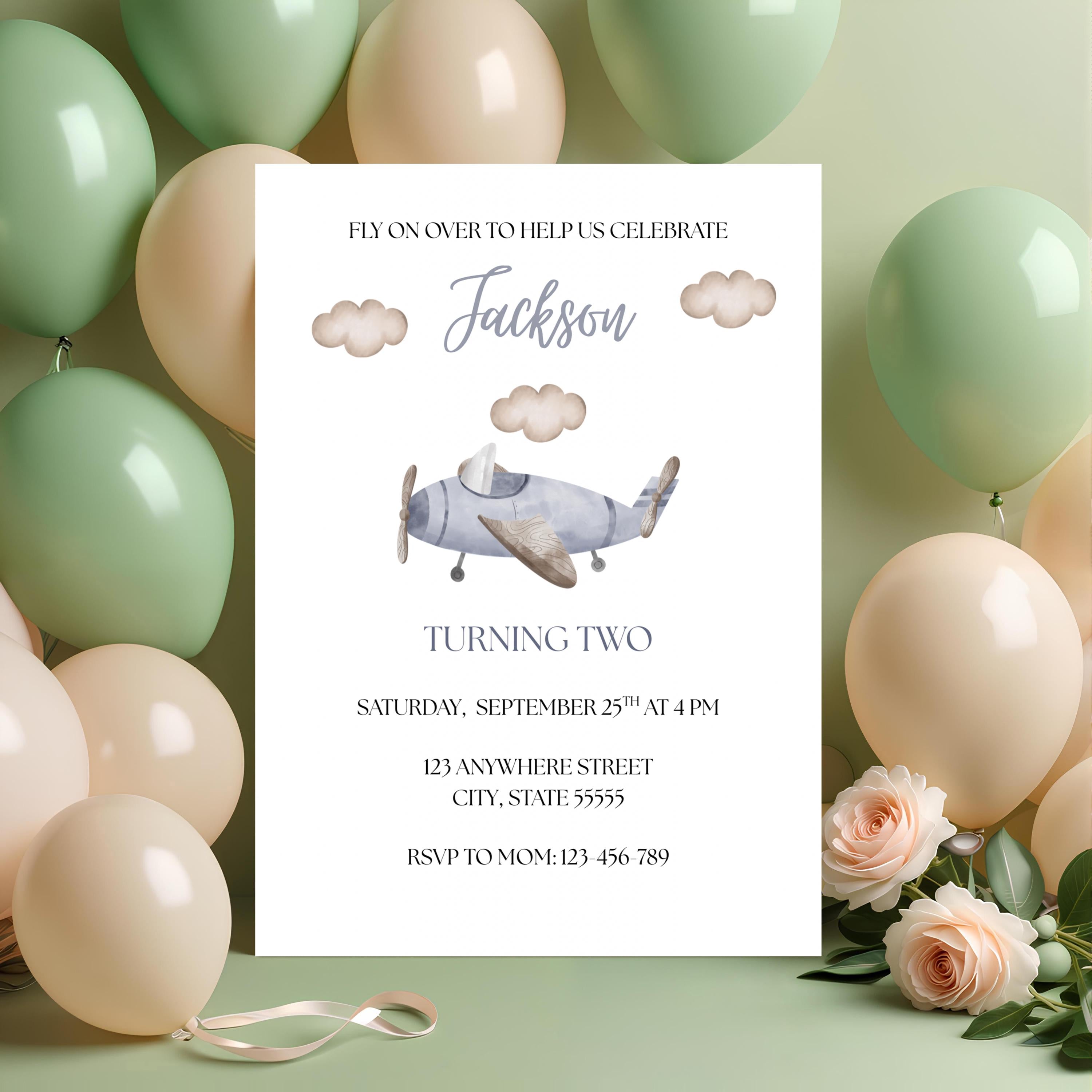 Vintage Airplane Birthday Invitation, Boys Fly On Over Plane Party Invite, Editable Template