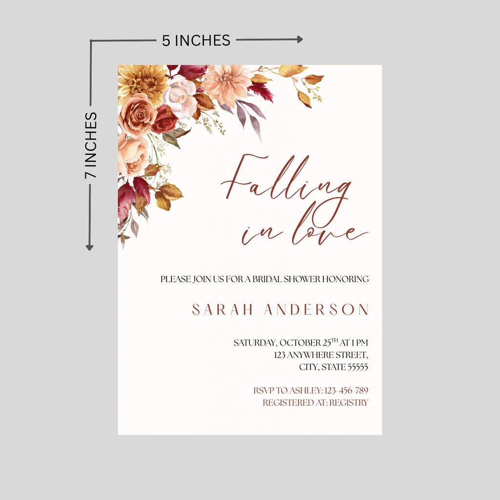 Falling in Love Theme Bridal Shower Invitation: Fall Floral Invite, Editable Canva Template