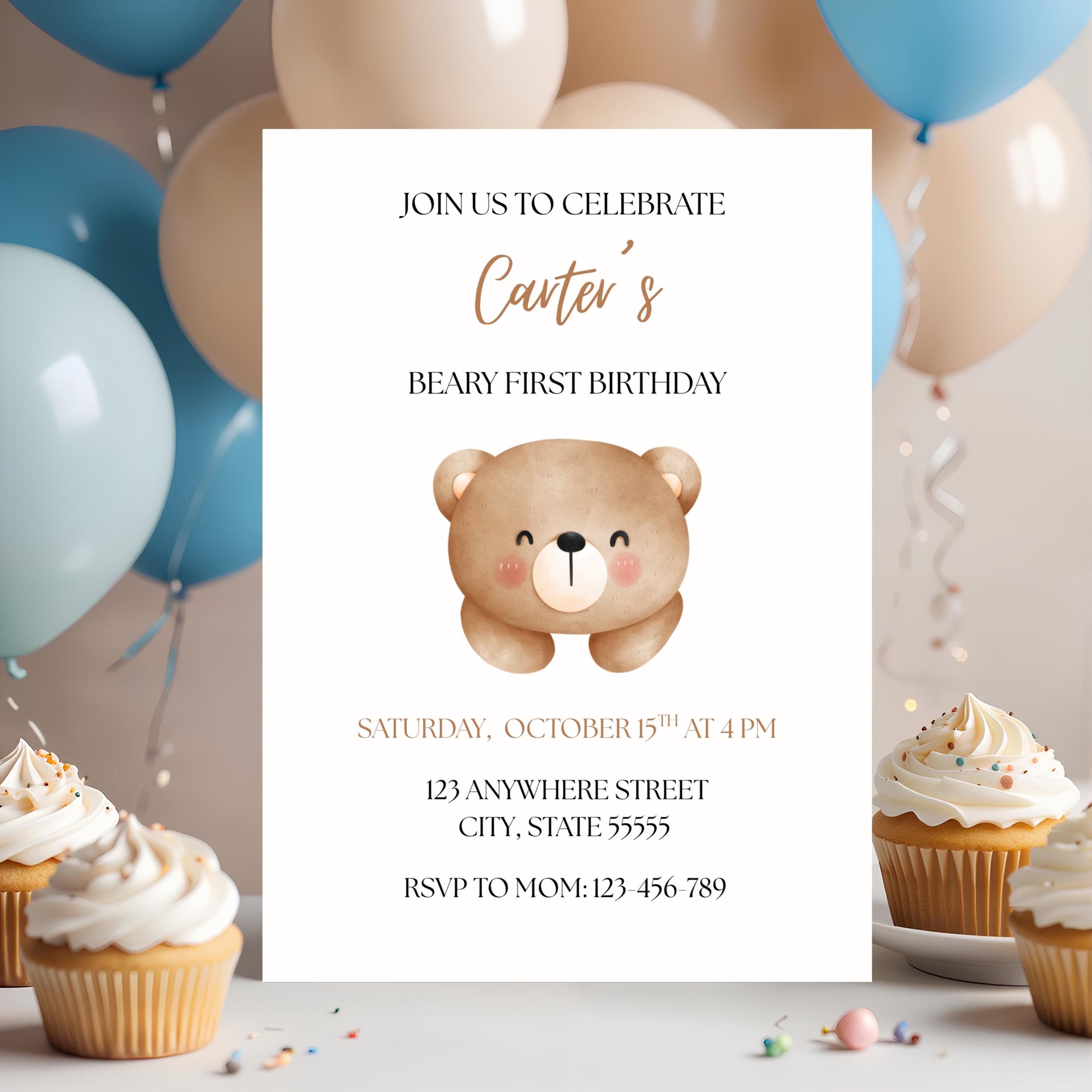 Teddy Bear 1st Birthday Invitation: Vintage Beary First Party, Canva Editable Template