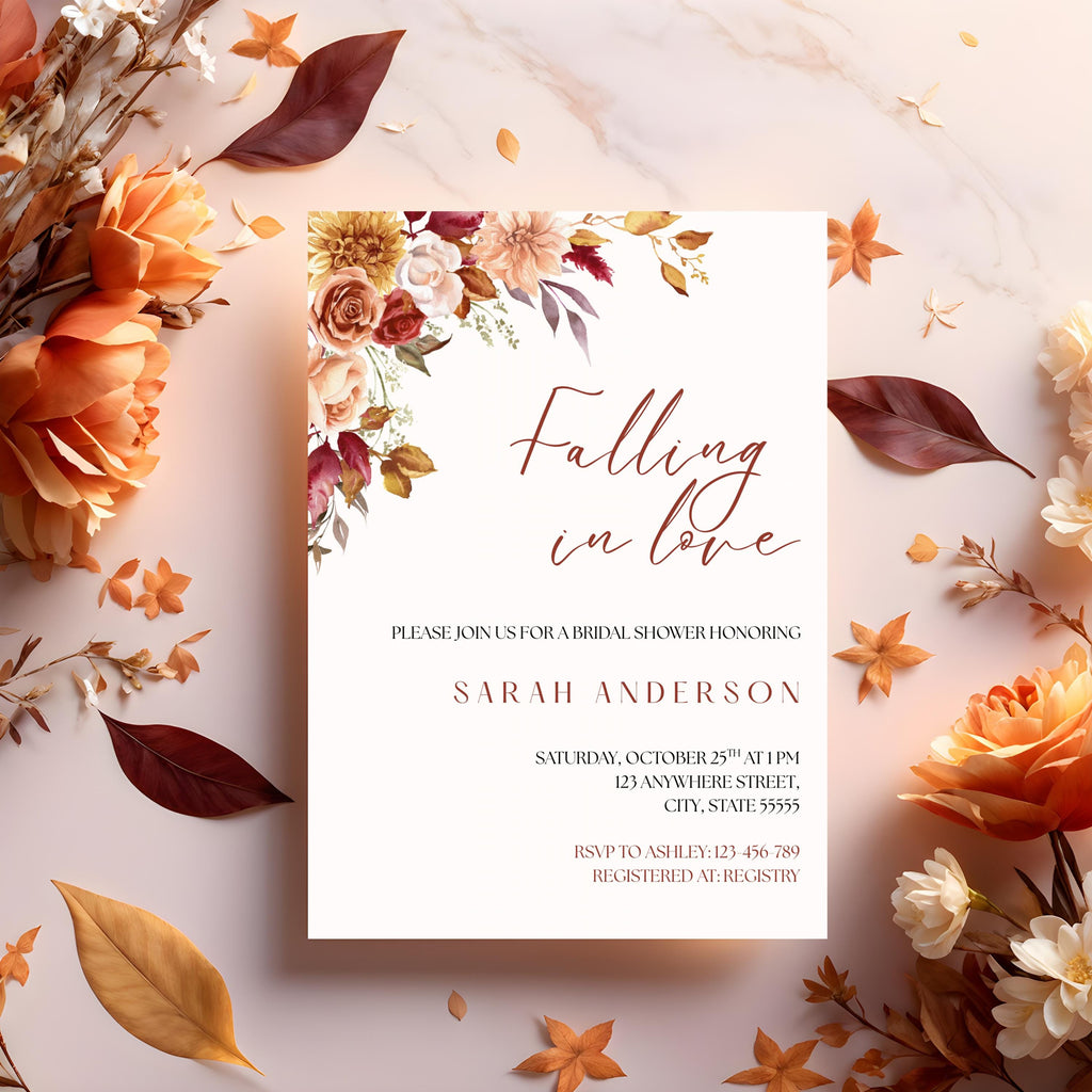 Falling in Love Theme Bridal Shower Invitation: Fall Floral Invite, Editable Canva Template
