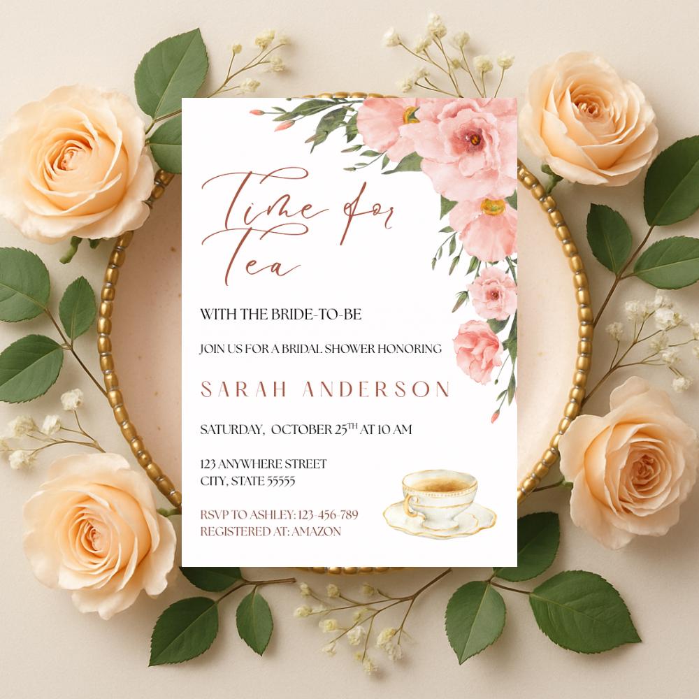 Time for Tea Bridal Shower Invitation, Pink Tea Party Invite, Editable Template