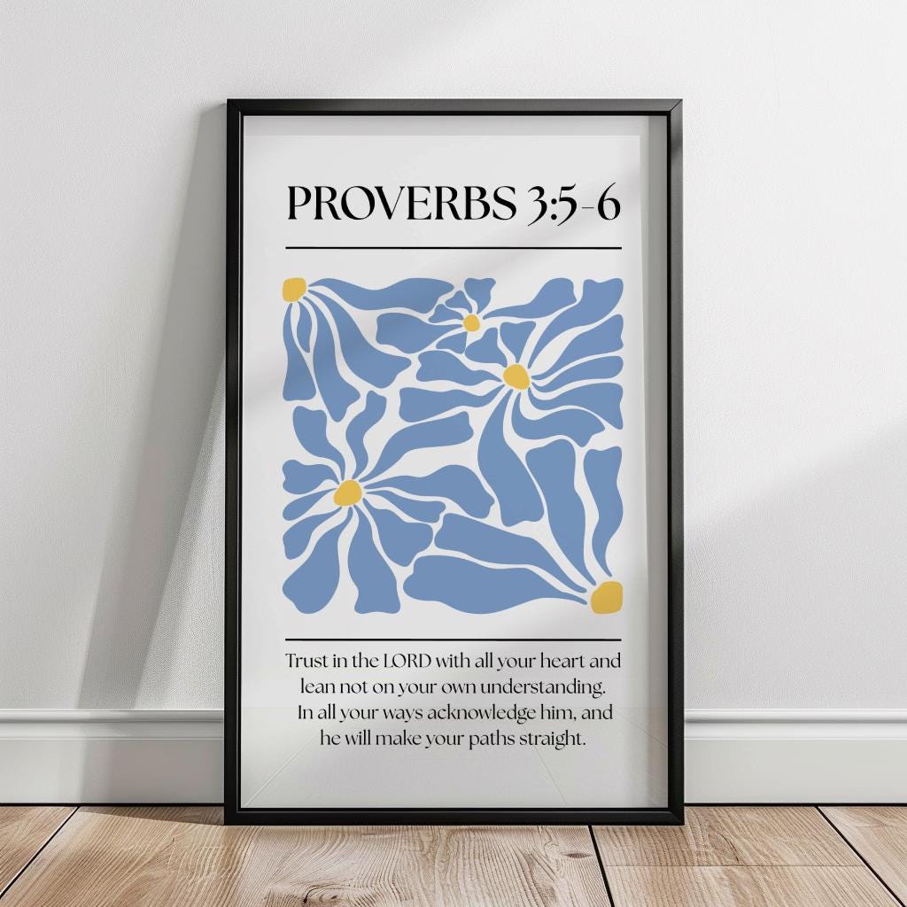 Blue Christian Wall Art, Abstract Proverbs Bible Verse Quote Poster Print, Digital Download