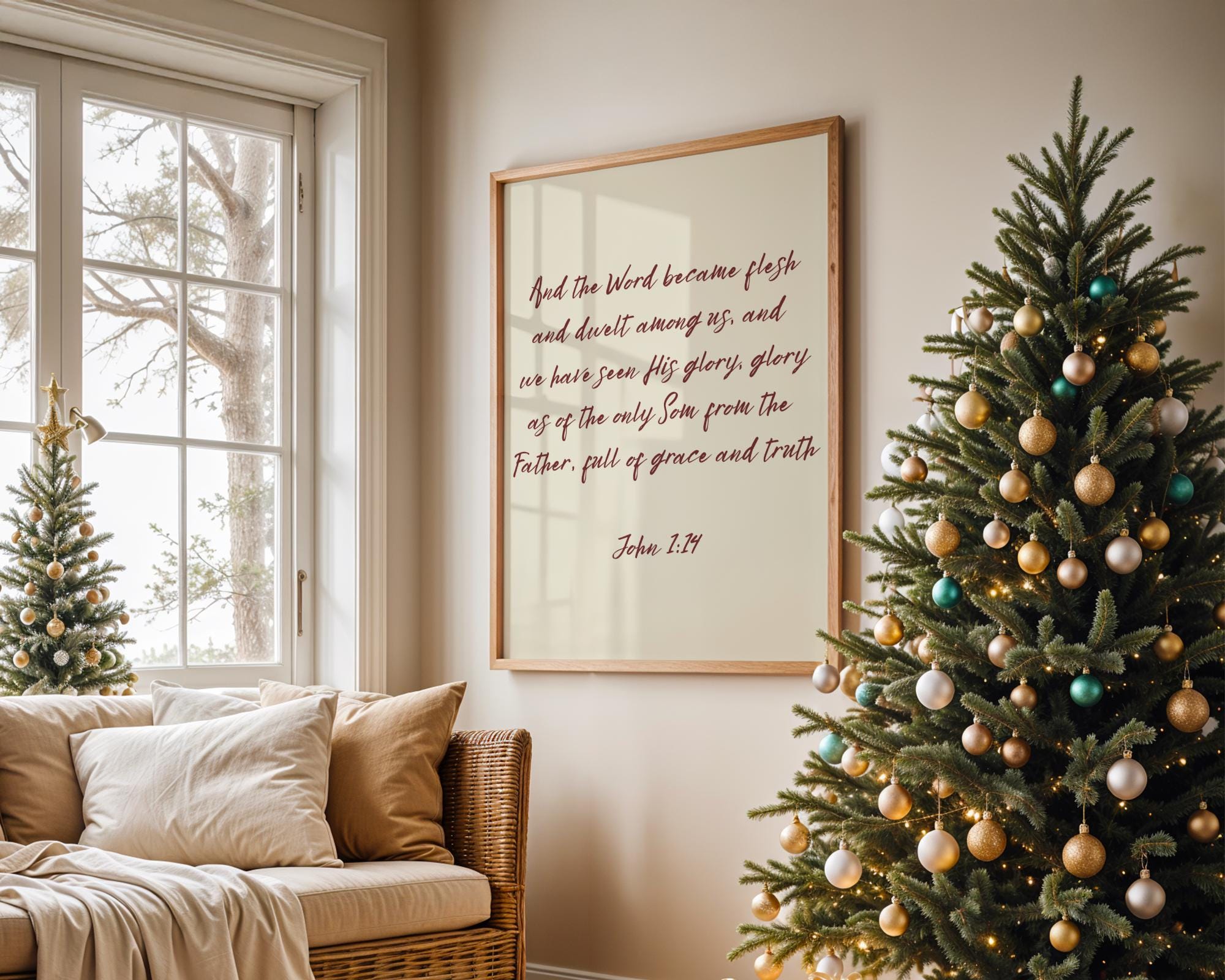 Red Christmas Christian Wall Art, Vintage Bible Verse Poster Print, Digital Download