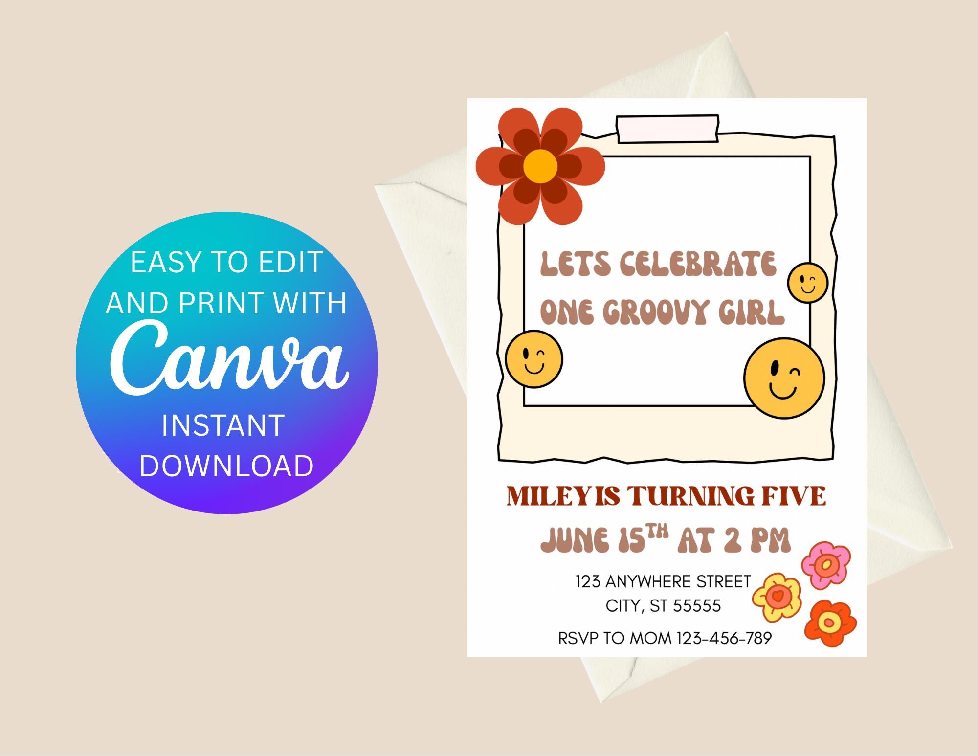 One Groovy Girl Birthday Party Invitation, Canva Editable Template Retro Invite