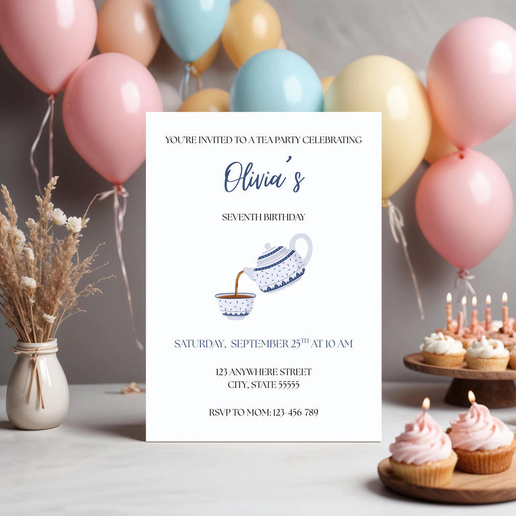 Girl Tea Party Birthday Invitation, Blue Teacup teapot Party Invite, Editable Template