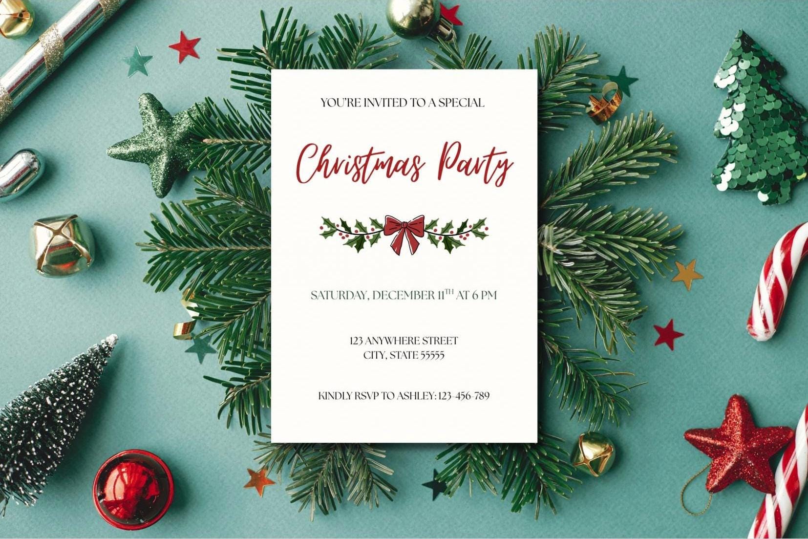 Christmas Party Invitation, Red and Green Bow Holiday Invite, Editable Template