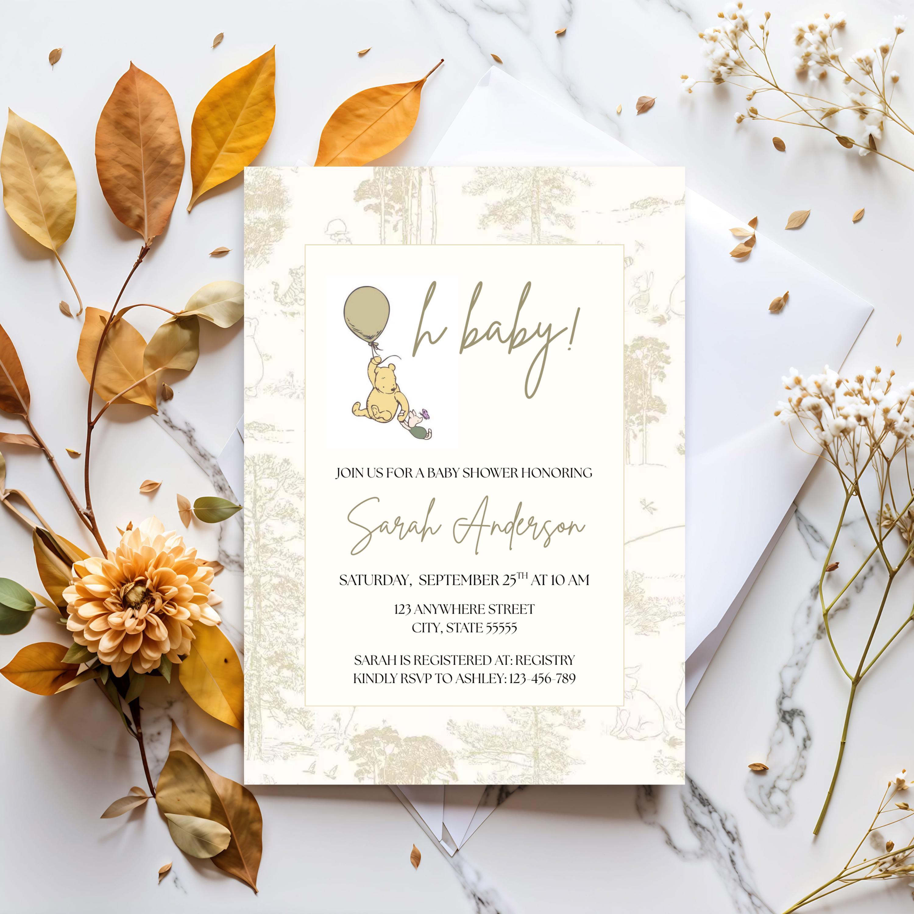 Vintage Winnie the Pooh Baby Shower Invitation: Editable Canva Template