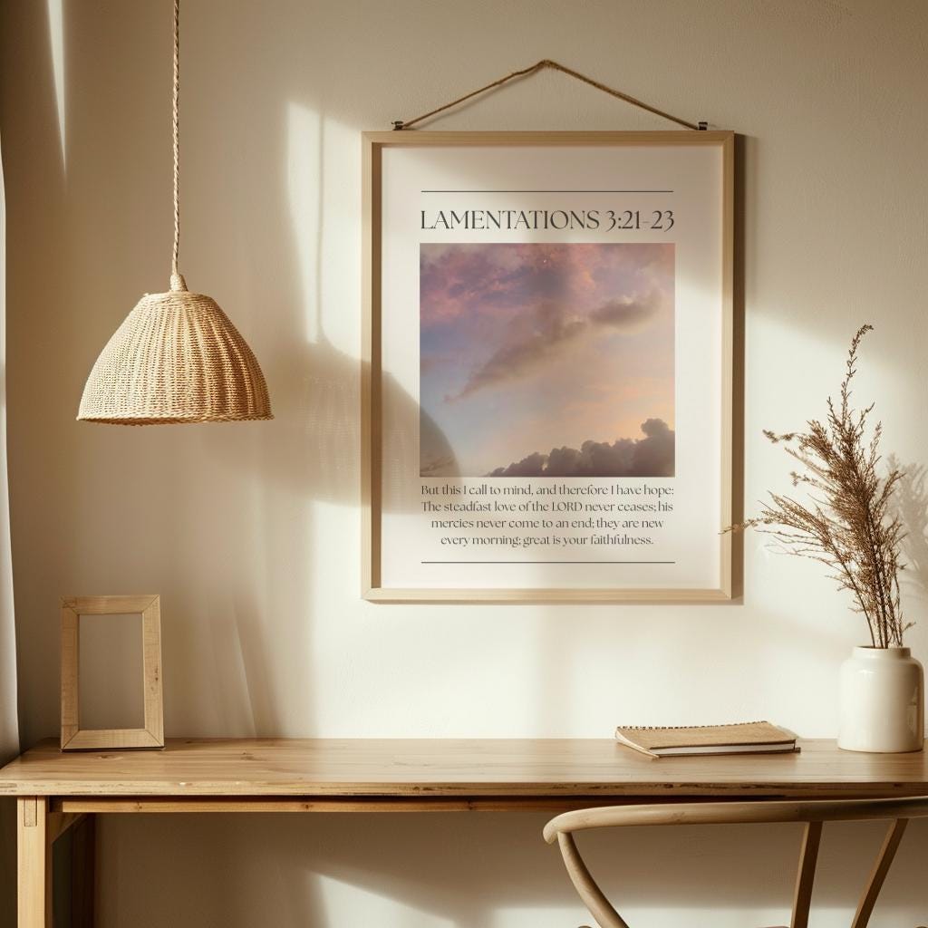 Lamentations 3 His Mercies Print, Pink Christian Wall Art Bible Verse Quote, Digital Download