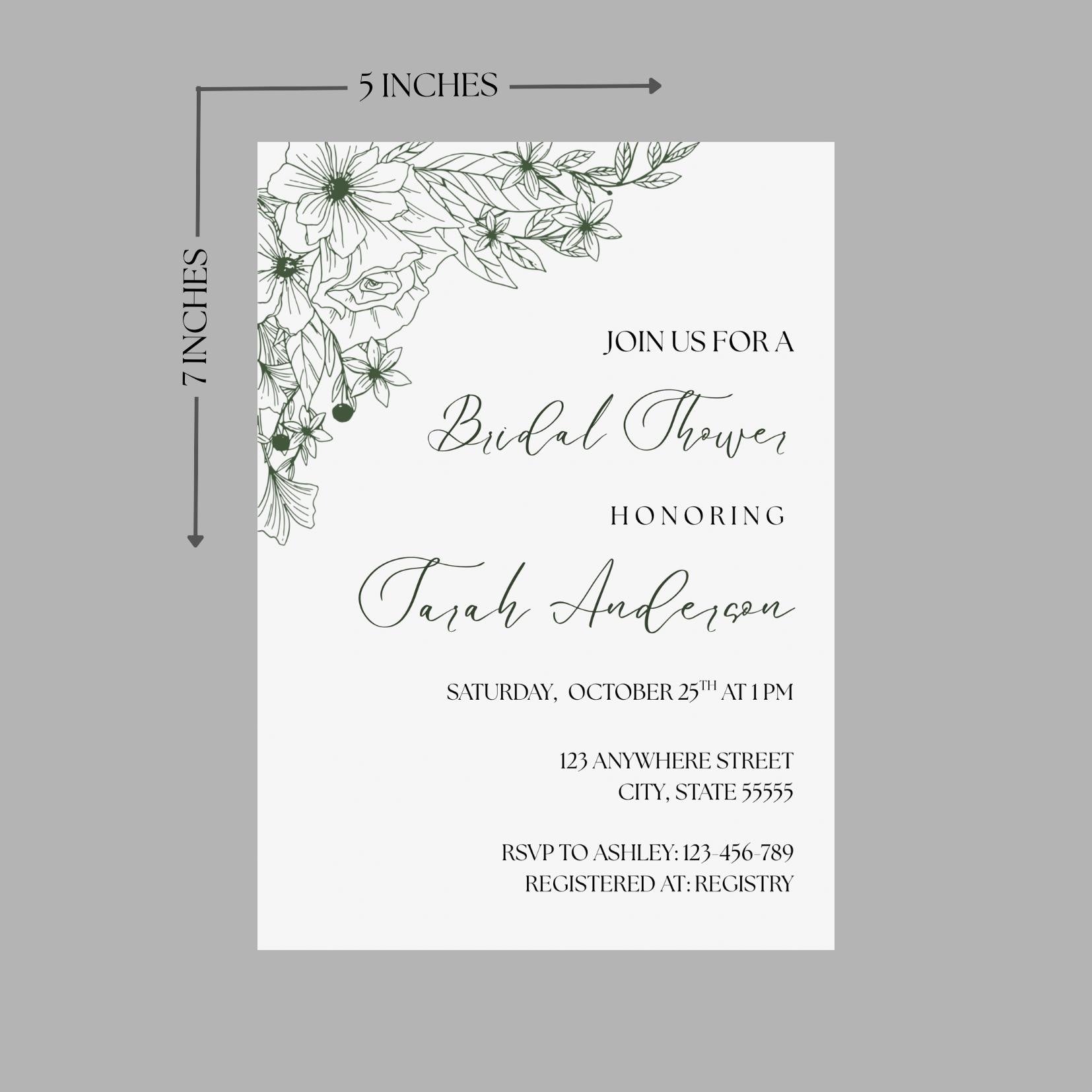 Sage Green Bridal Shower Invitation, 5x7 Floral Green Party Invite, Canva Editable Template