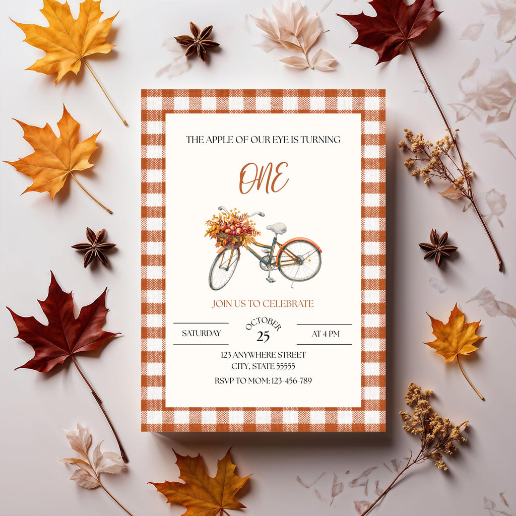 Apple of our Eye Birthday Invitation, Fall Themed Party Invite, Canva Editable Template