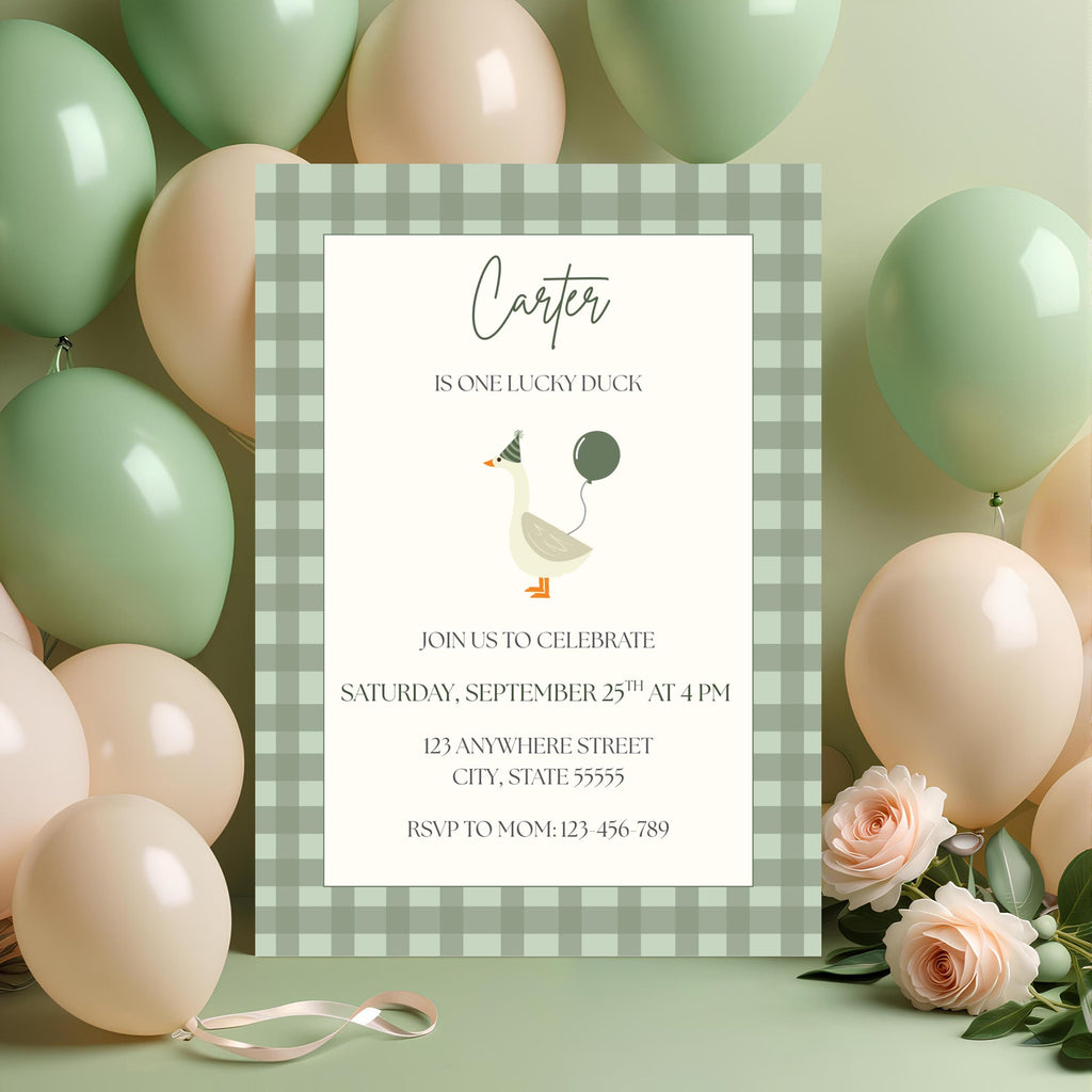 One Lucky Duck Birthday Invitation, Boys First Birthday Party Invite, Editable Template