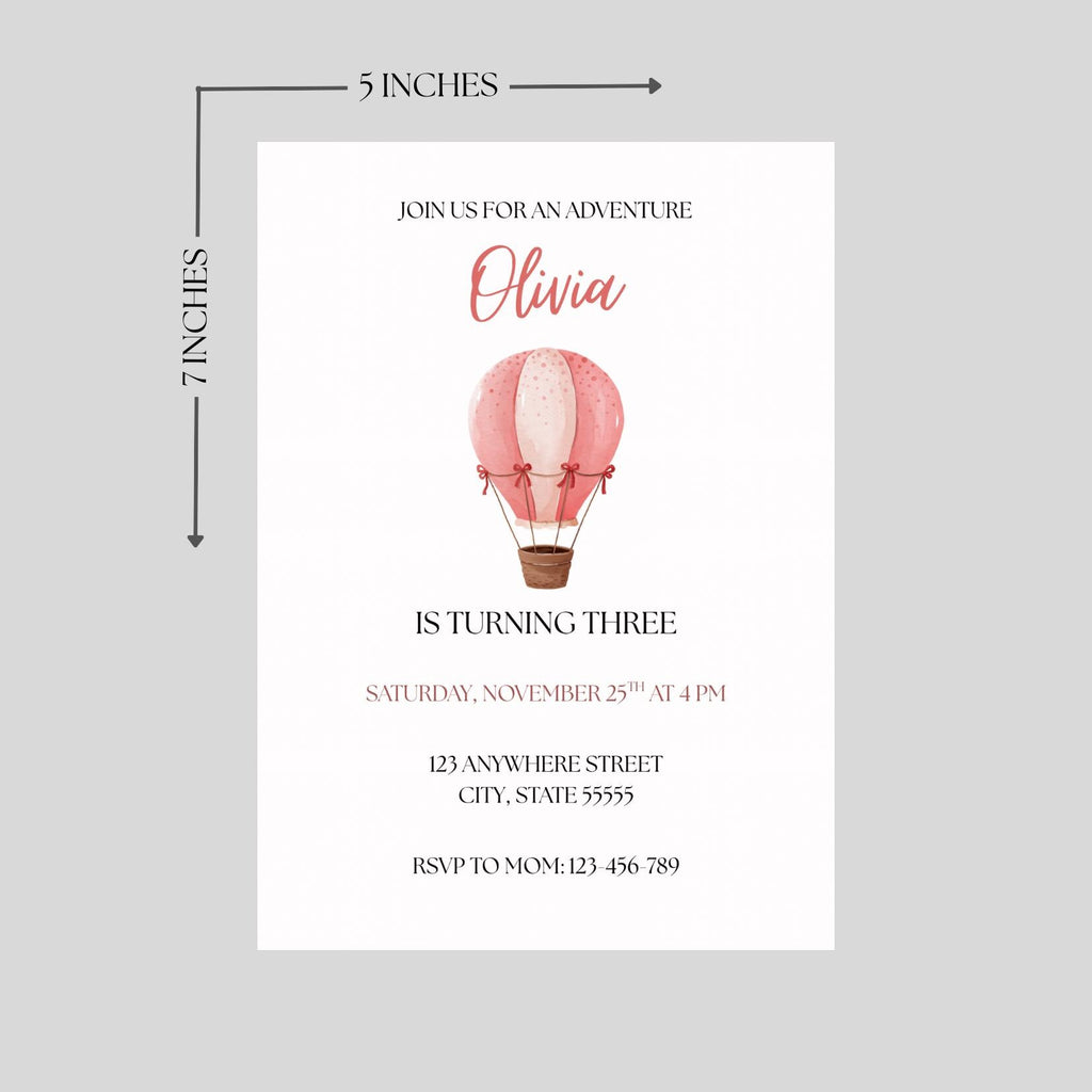Pink Hot Air Balloon Birthday Invitation, Girl Adventure Birthday Party Invite, Editable Template