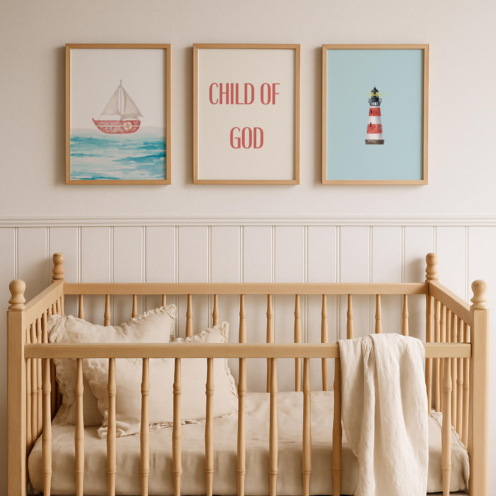 Coastal Christian Boy Nursery Wall Art Set, Blue and Red Bedroom Prints, Digital Download