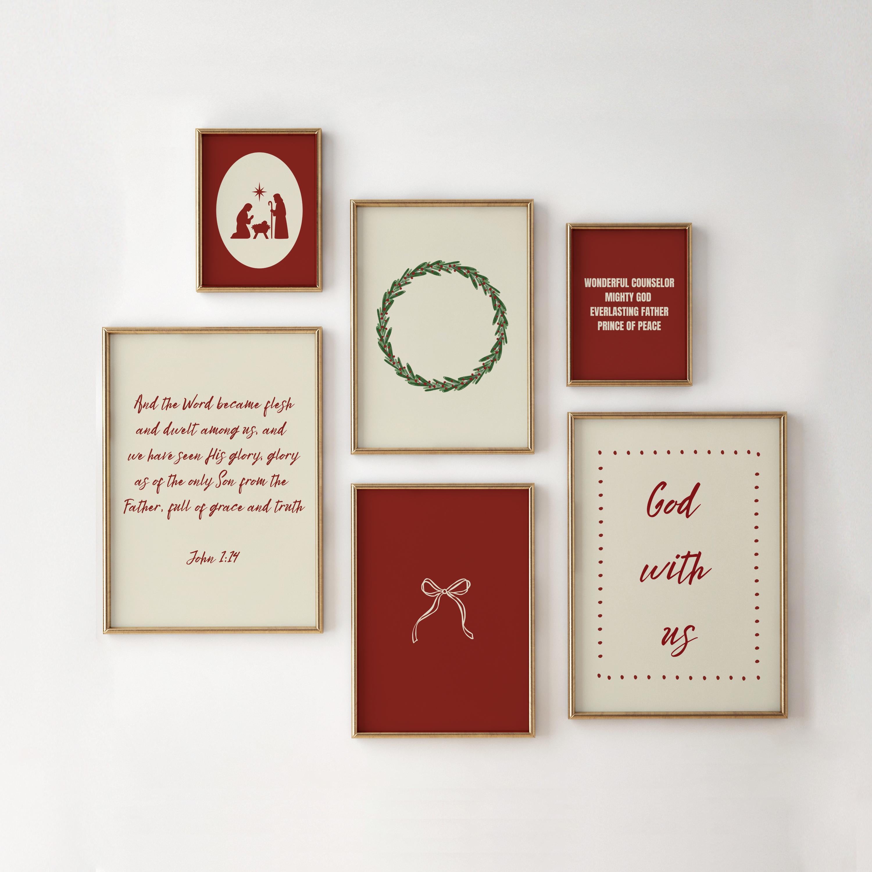 Vintage Red Christmas Prints, Christian Holiday Bible Verse Quote Wall Art Set, Digital Download