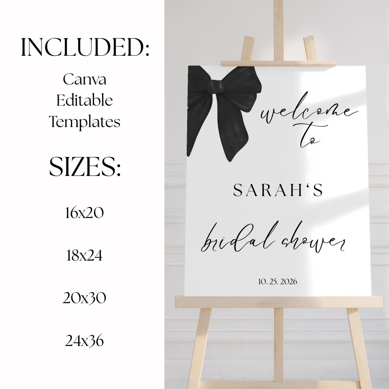 Tying the Knot Bridal Shower Welcome Sign, Black and White Coquette Bow, Editable Template
