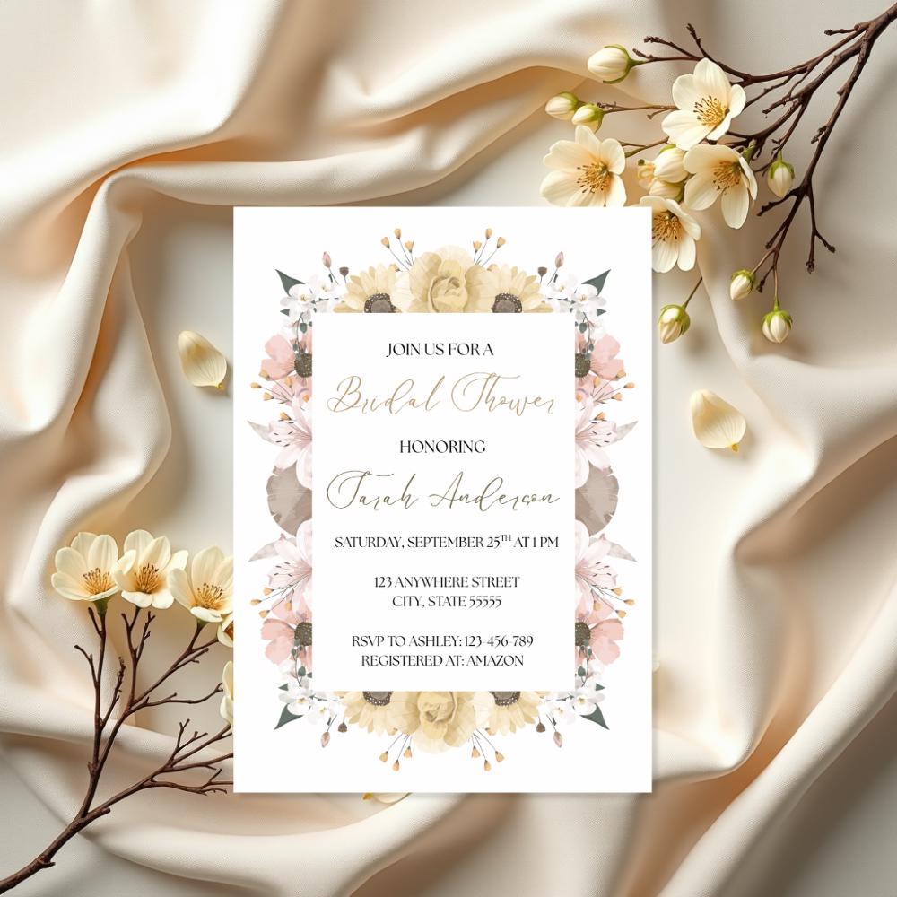 Bridal Shower Invitation with Yellow Roses, Pink Floral Party Invite, Canva Editable Template