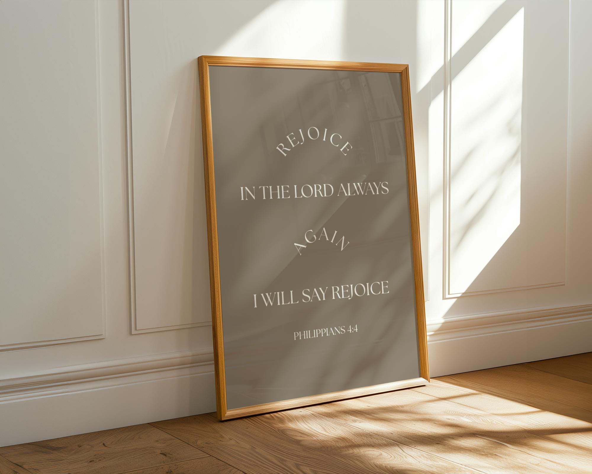 Brown Christian Wall Art, Rejoice Philippians 4 Bible Verse Print, Digital Download