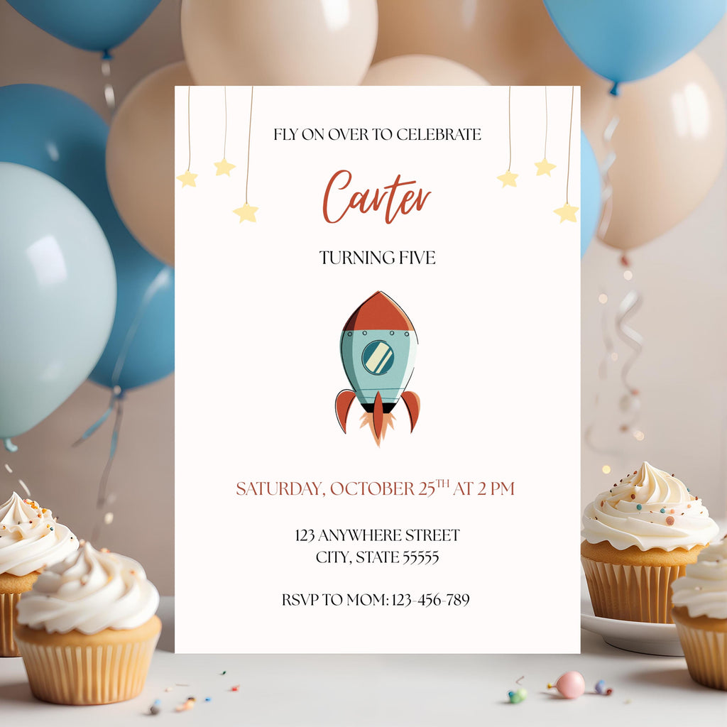 Fly On Over Rocketship Birthday Invitation, Boys Space Party Invite, Editable Template