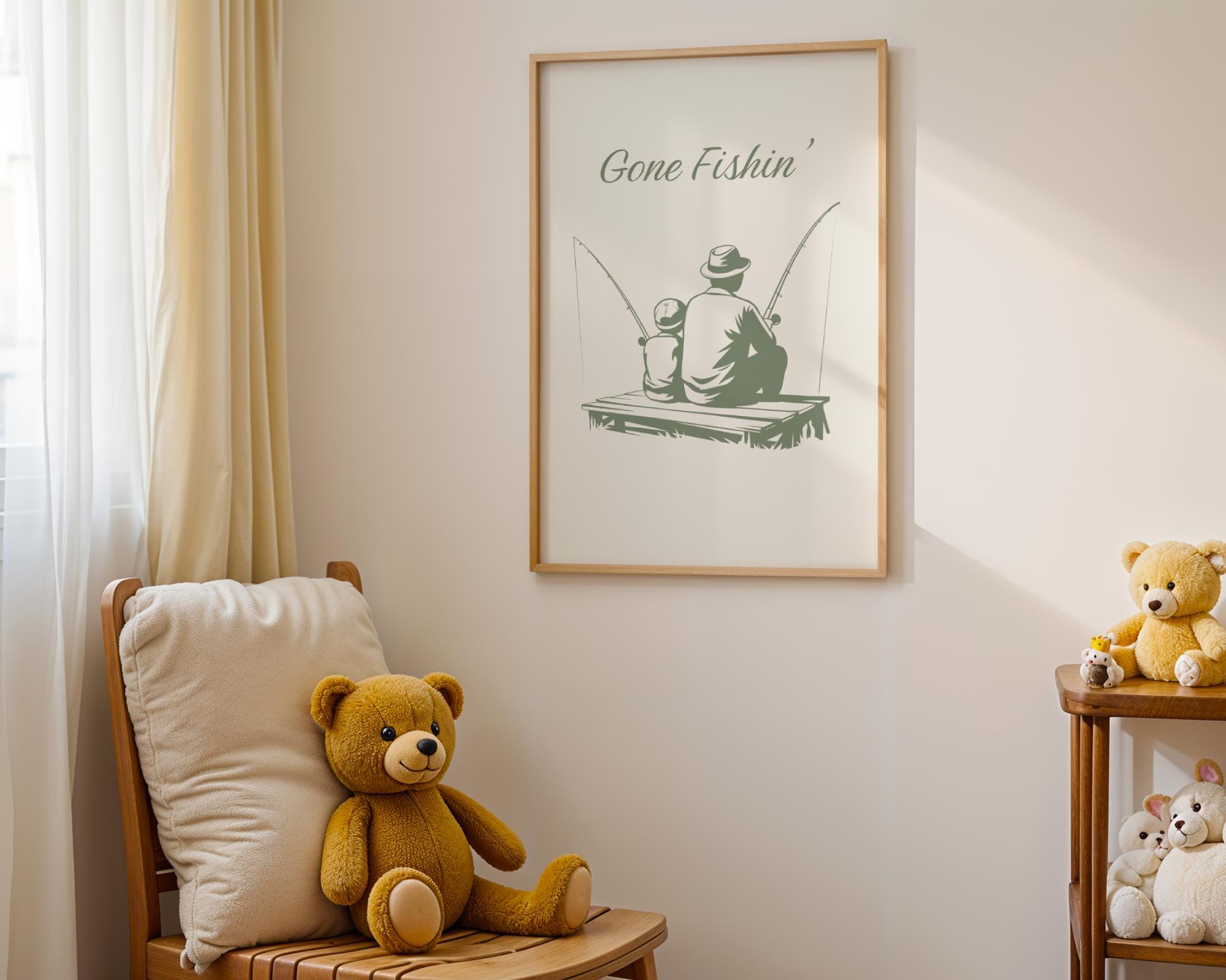 Vintage Fishing Nursery Wall Art, Green Kids Room Poster Prints, Digital Download