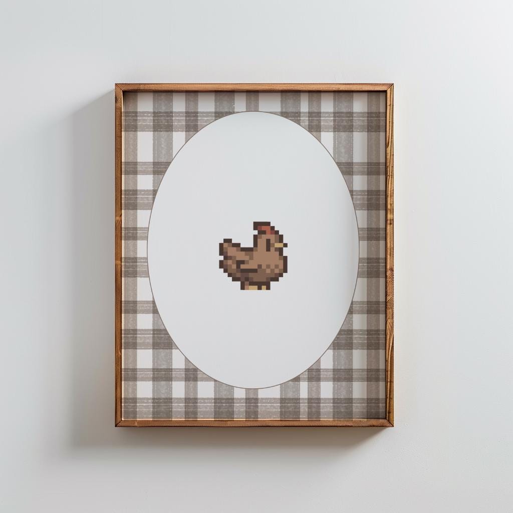 Stardew Valley Wall Art, Brown Gingham Chicken Poster Print, Digital Download