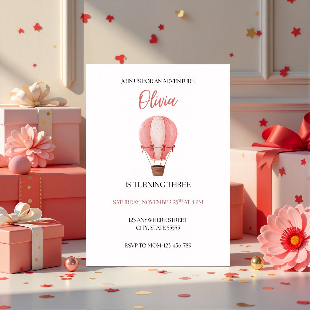 Pink Hot Air Balloon Birthday Invitation, Girl Adventure Birthday Party Invite, Editable Template