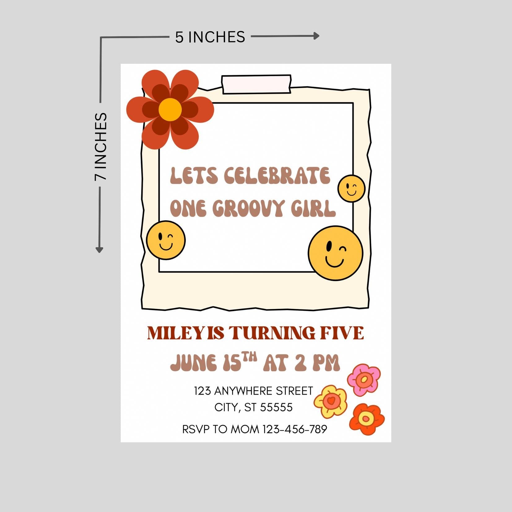 One Groovy Girl Birthday Party Invitation, Canva Editable Template Retro Invite