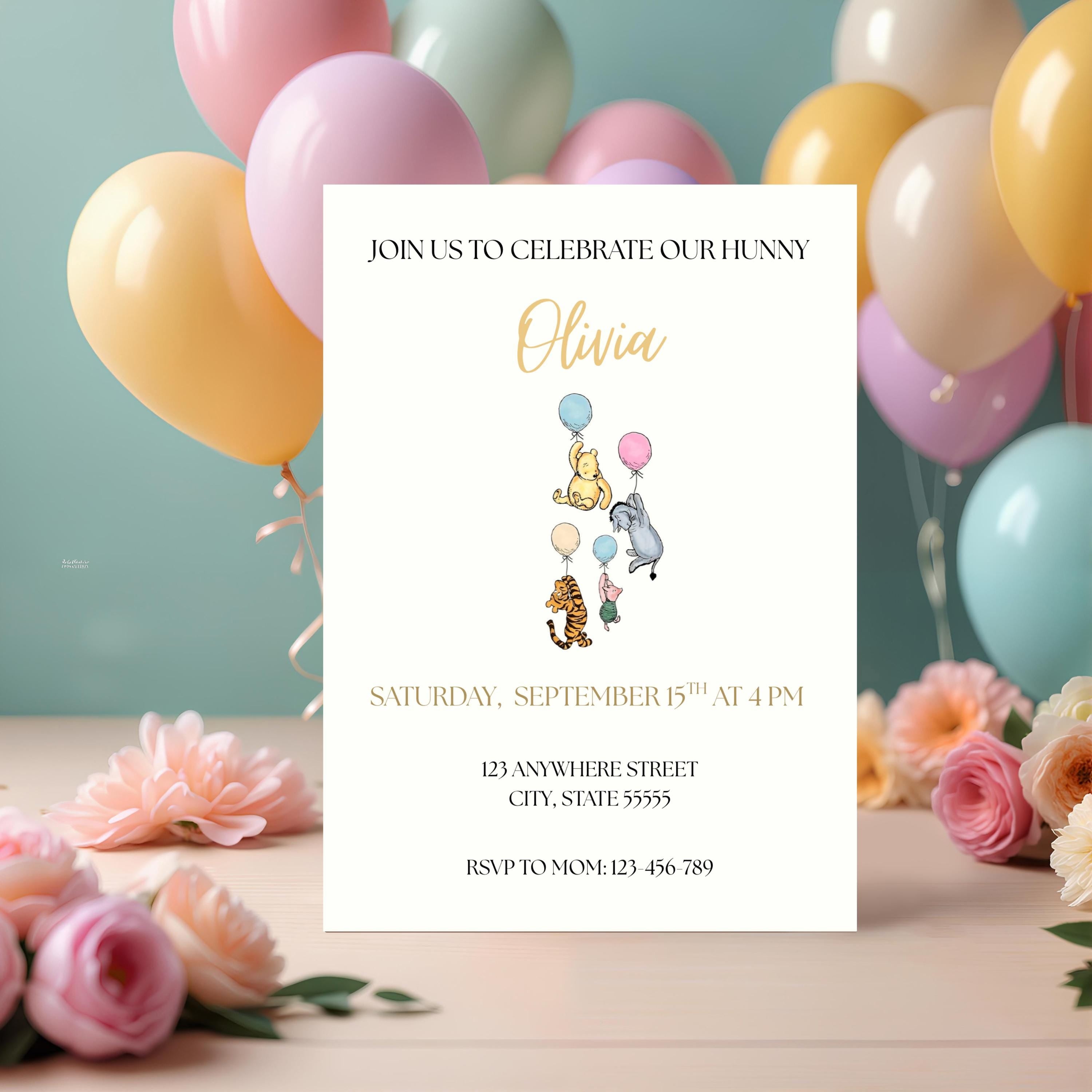 Vintage Winnie the Pooh Birthday Invitation, Our Hunny Boy Girl Party Invite, Editable Template