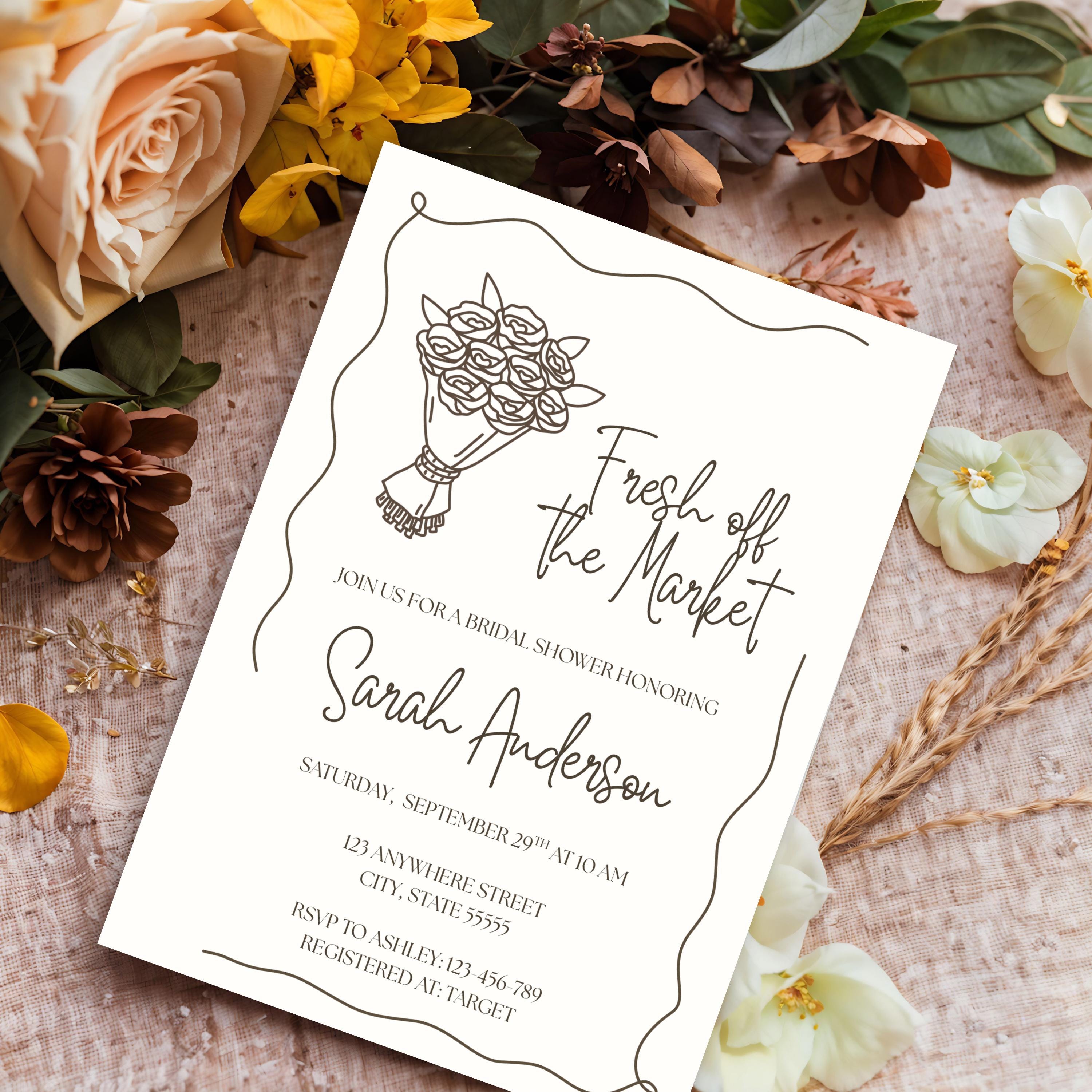 Fresh off the Market Bridal Shower Invitation, Hand-Drawn Floral Invite, Editable Template
