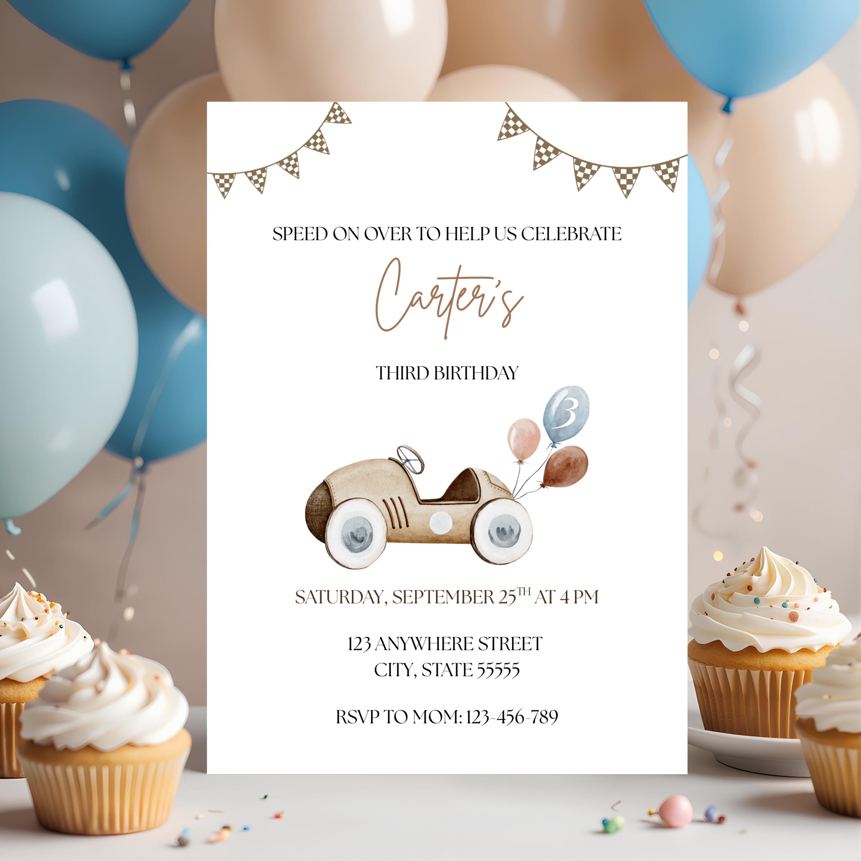 Vintage Race Car with balloons Birthday Invitation, Boys Birthday Party Invite, Editable Template