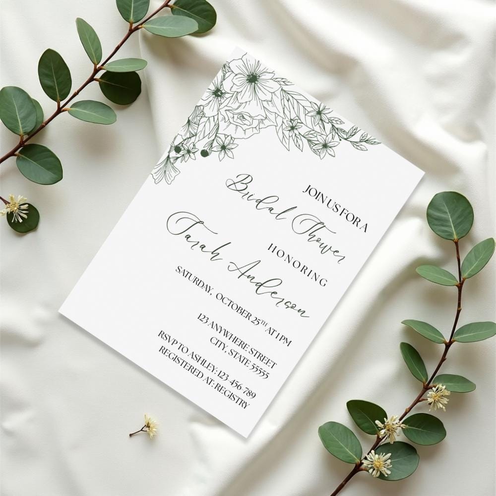 Sage Green Bridal Shower Invitation, 5x7 Floral Green Party Invite, Canva Editable Template
