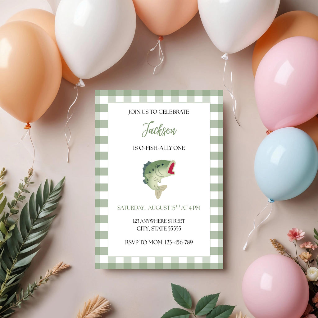 O-Fish-Ally One Birthday Invitation, Boy Fishing First Party Invite, Editable Template